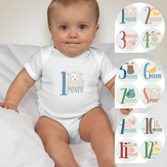 Baby Custom Monthly Onesies - Pastel Blue Farm Animals - MYSTYLEMYCLOTHING