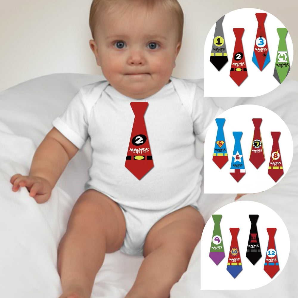 Baby Custom Monthly Onesies - Superheroes Necktie - MYSTYLEMYCLOTHING
