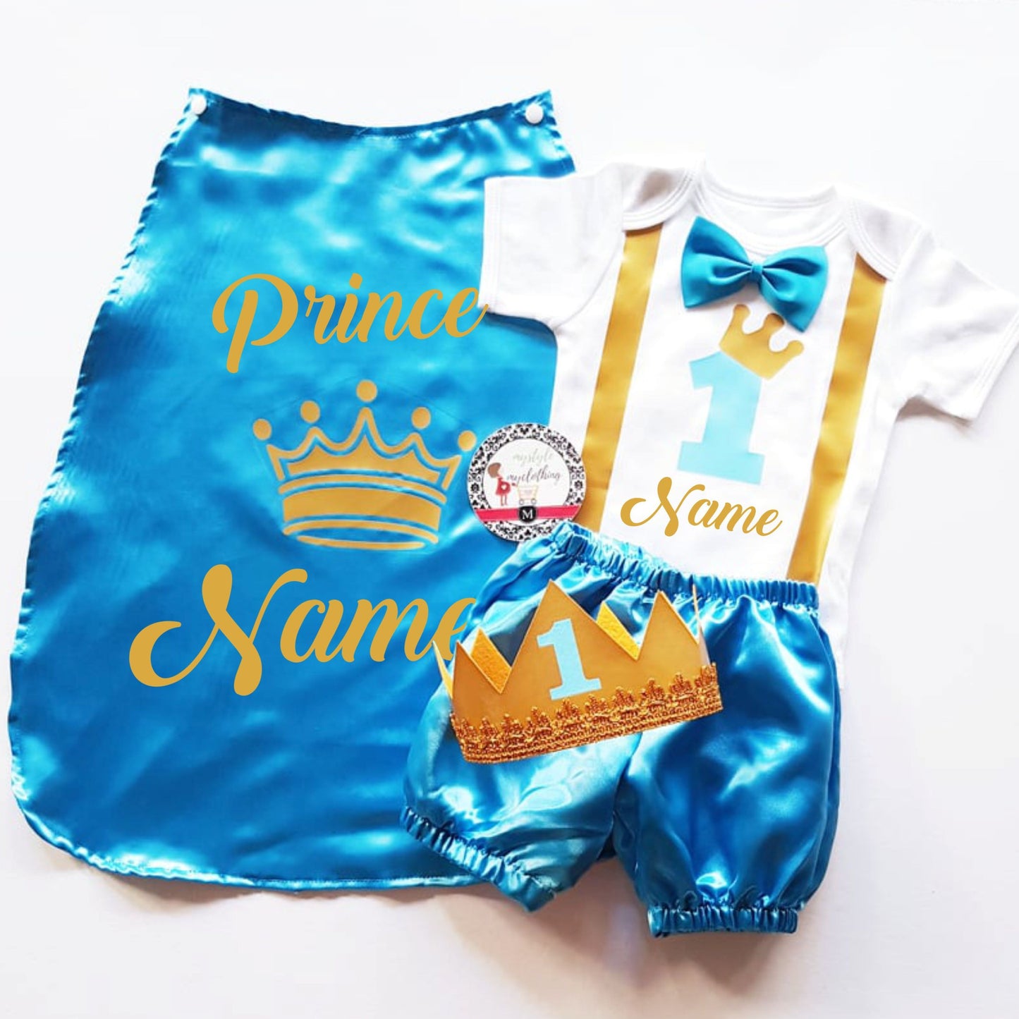 Baby Little Prince with Name Print Complete Set with Crown - Sky Blue - MYSTYLEMYCLOTHING