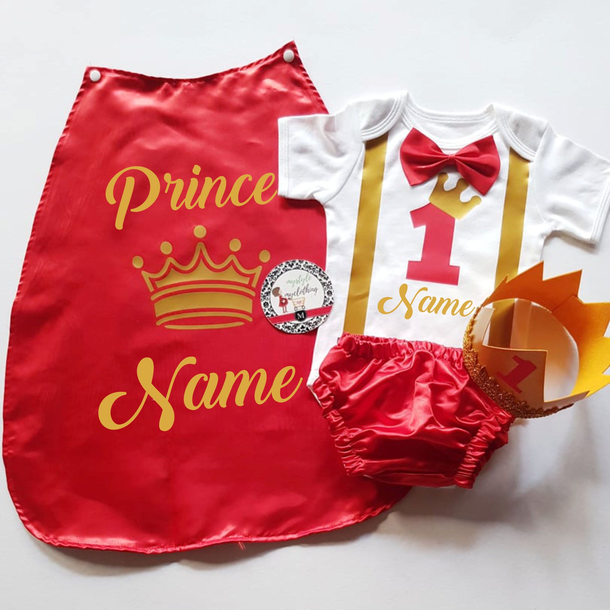 Baby Little Prince with Name Print Complete Set with Crown - Red - MYSTYLEMYCLOTHING