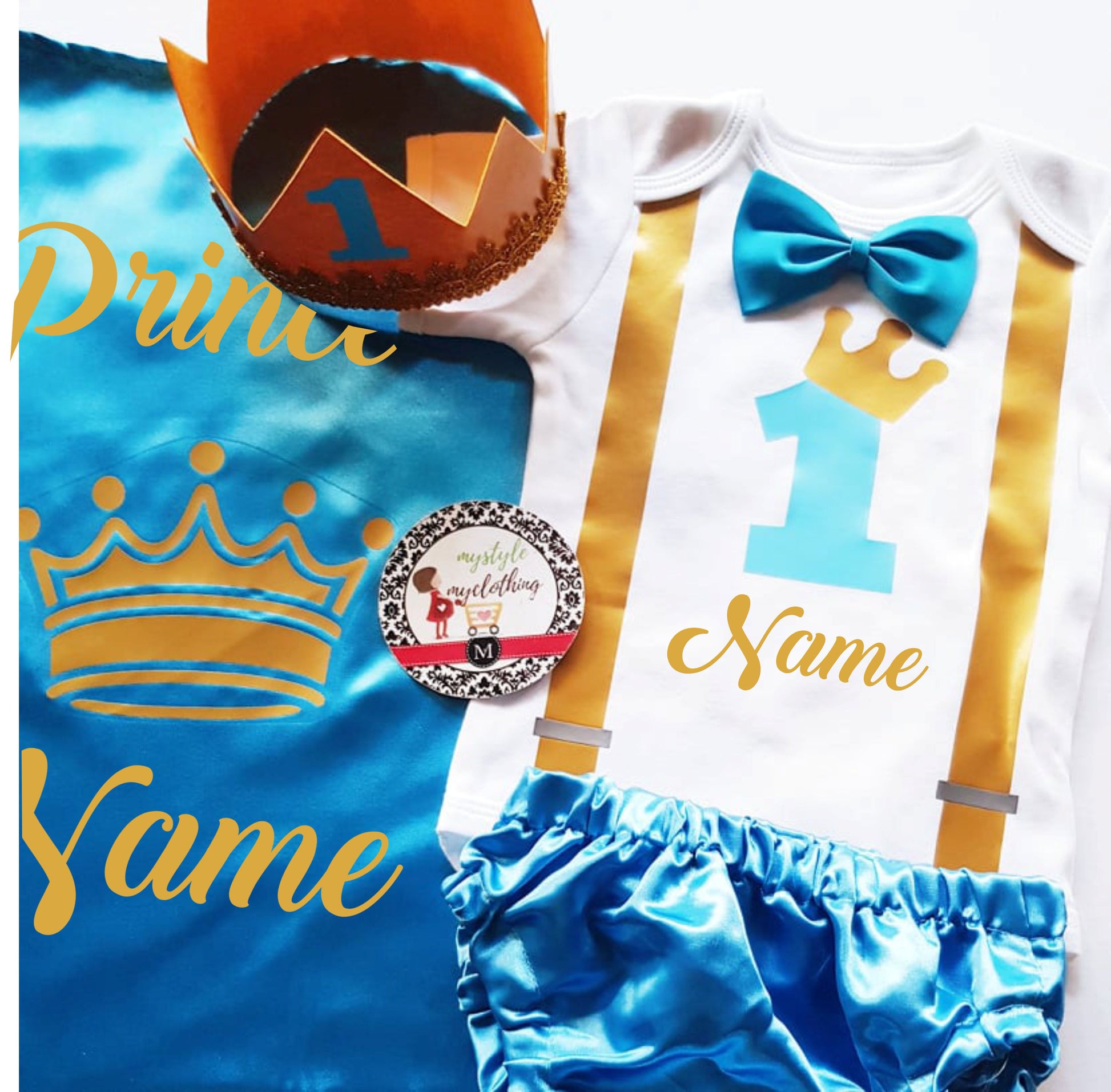 Baby Little Prince with Name Print Complete Set with Crown - Sky Blue - MYSTYLEMYCLOTHING