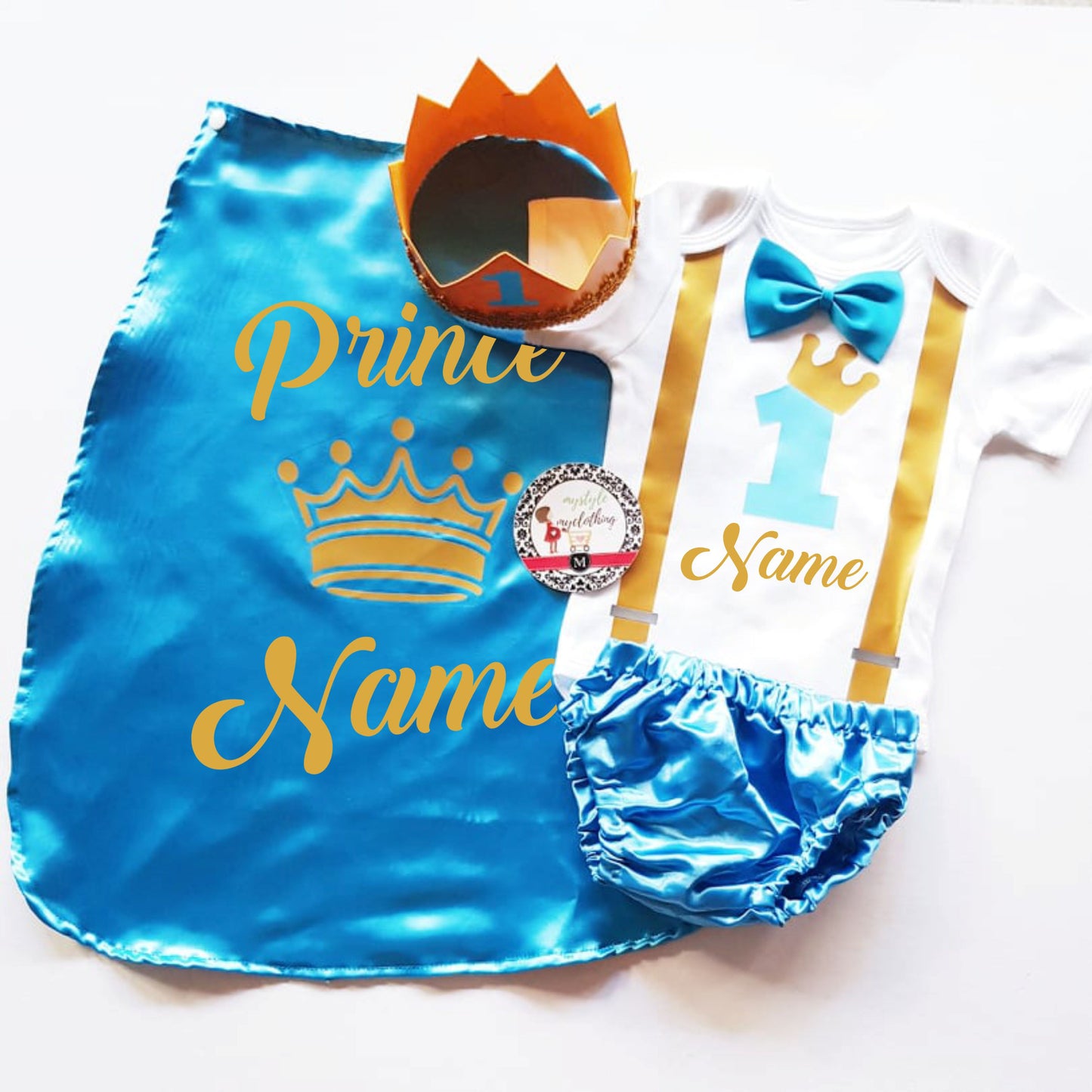 Baby Little Prince with Name Print Complete Set with Crown - Sky Blue - MYSTYLEMYCLOTHING