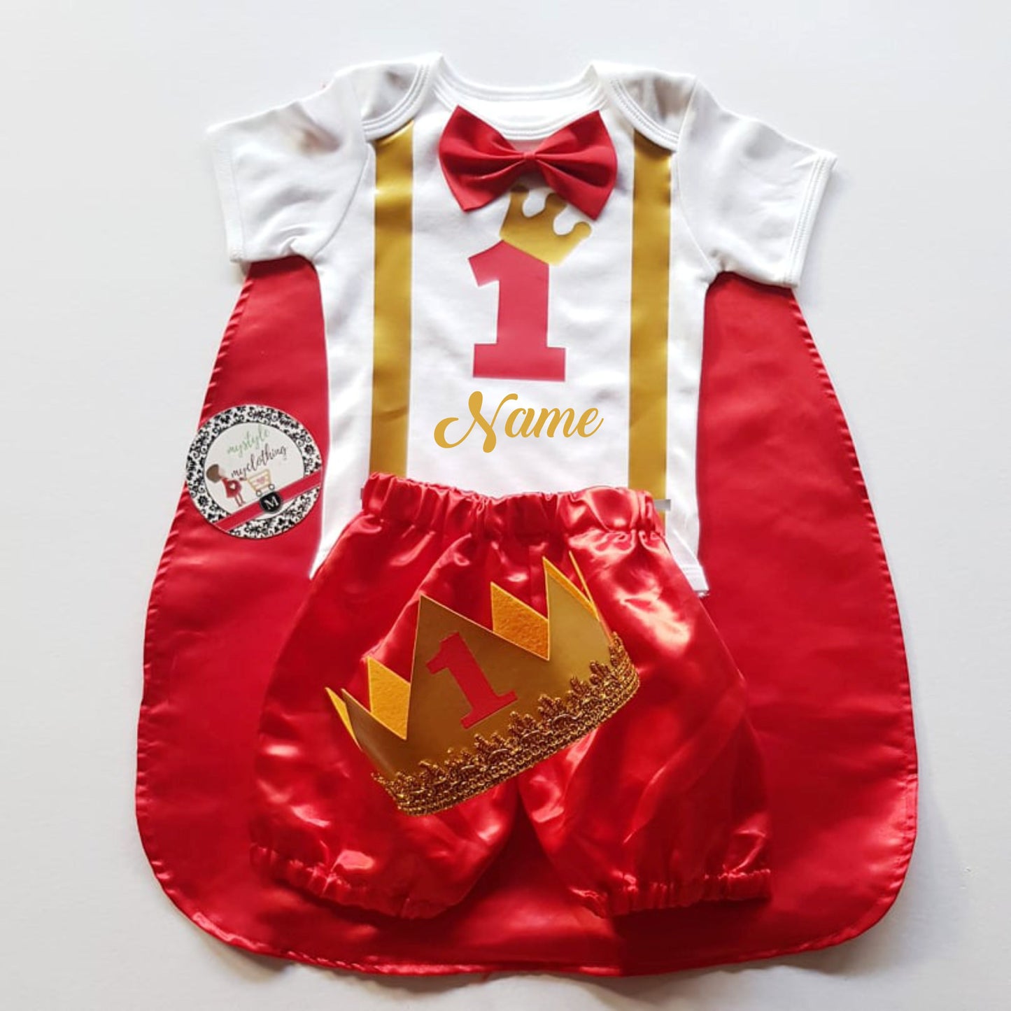 Baby Little Prince with Name Print Complete Set with Crown - Red - MYSTYLEMYCLOTHING