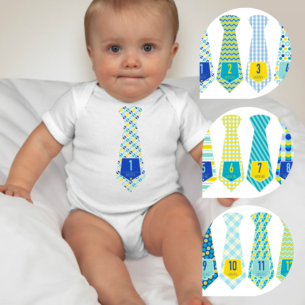 Baby Custom Monthly Onesies - Blue Green Neckties - MYSTYLEMYCLOTHING