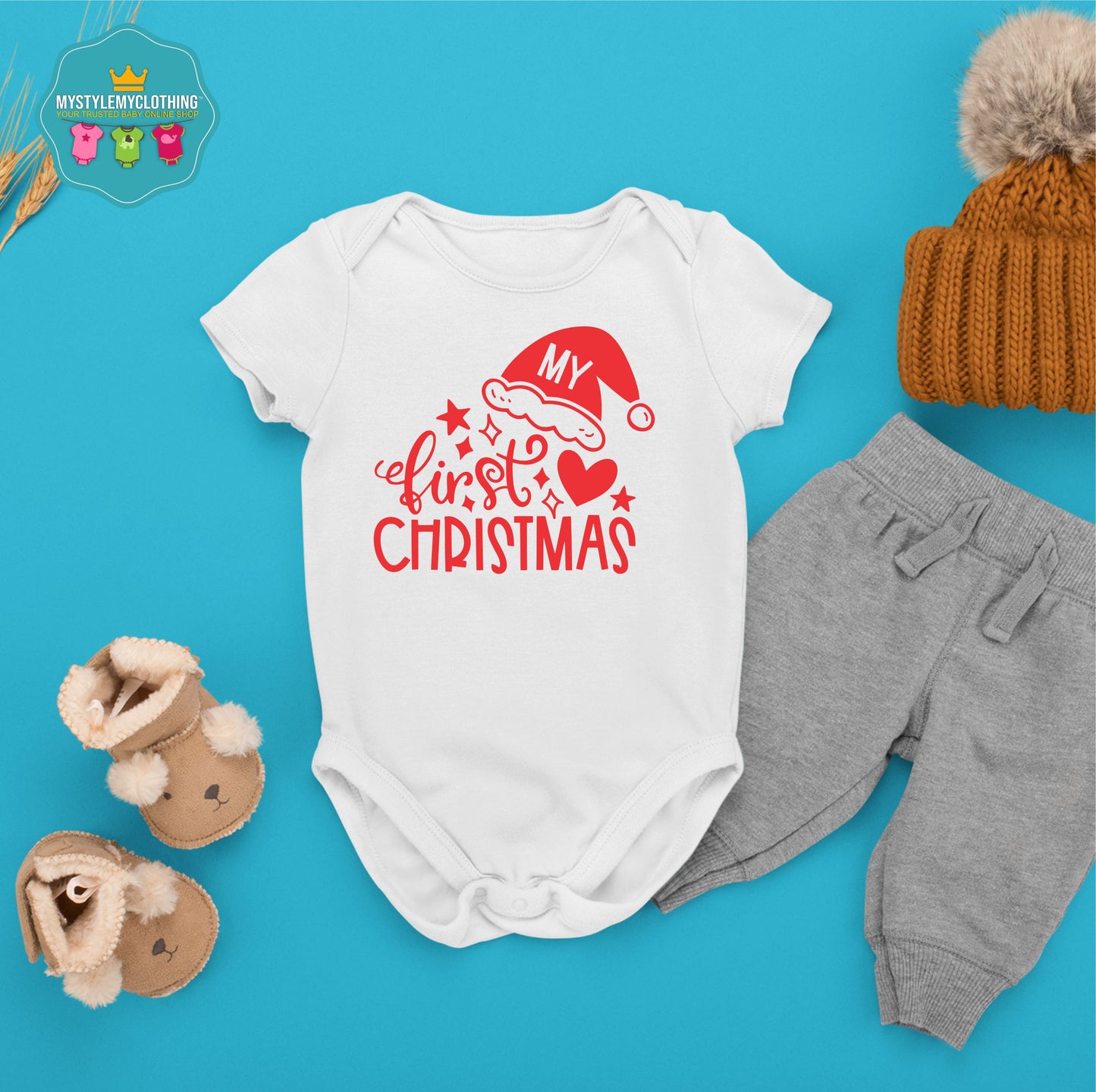 Baby Christmas Holiday Onesies - My First Christmas Hearts and Santa Hat
