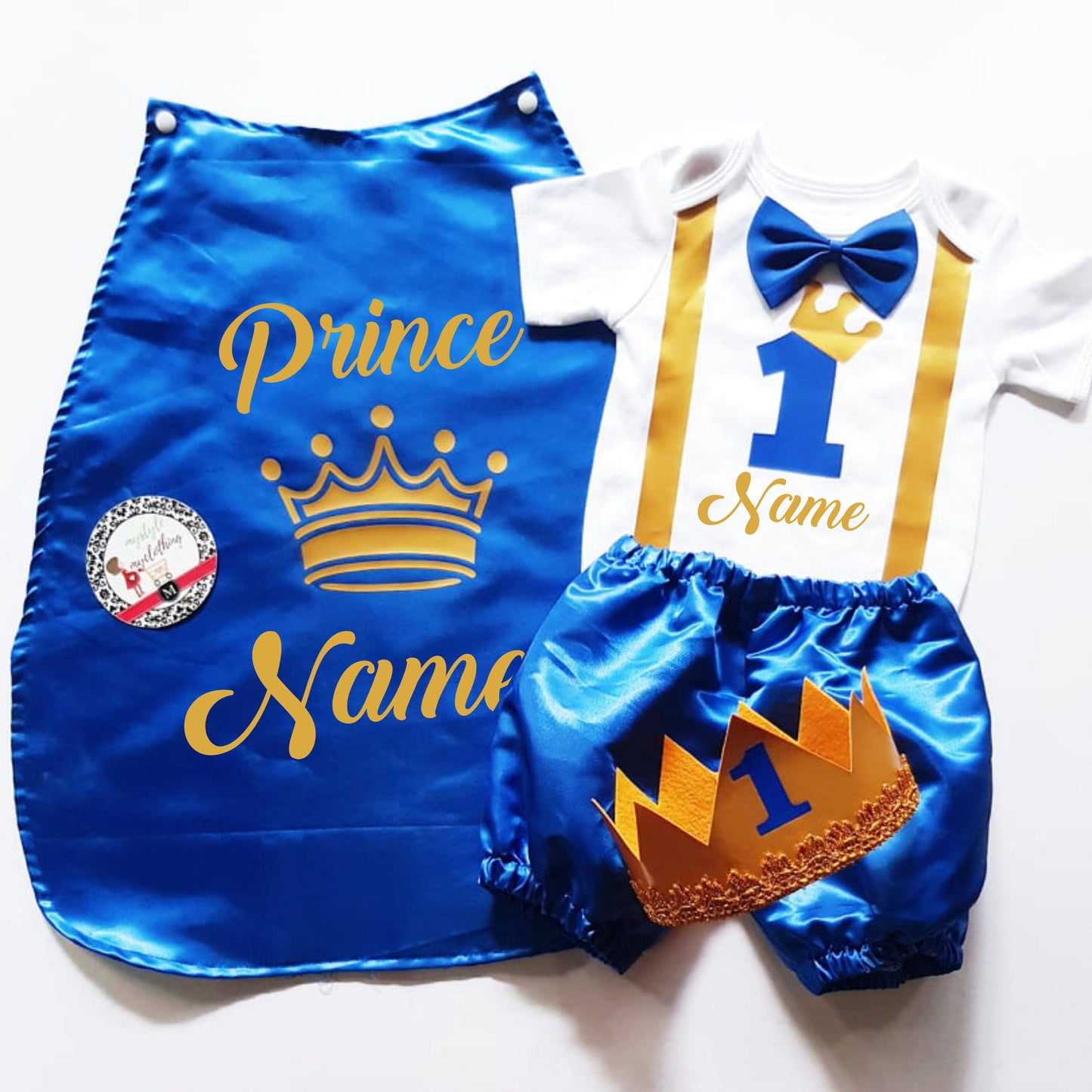 Baby Little Prince with Name Print Complete Set with Crown - Royal Blue - MYSTYLEMYCLOTHING