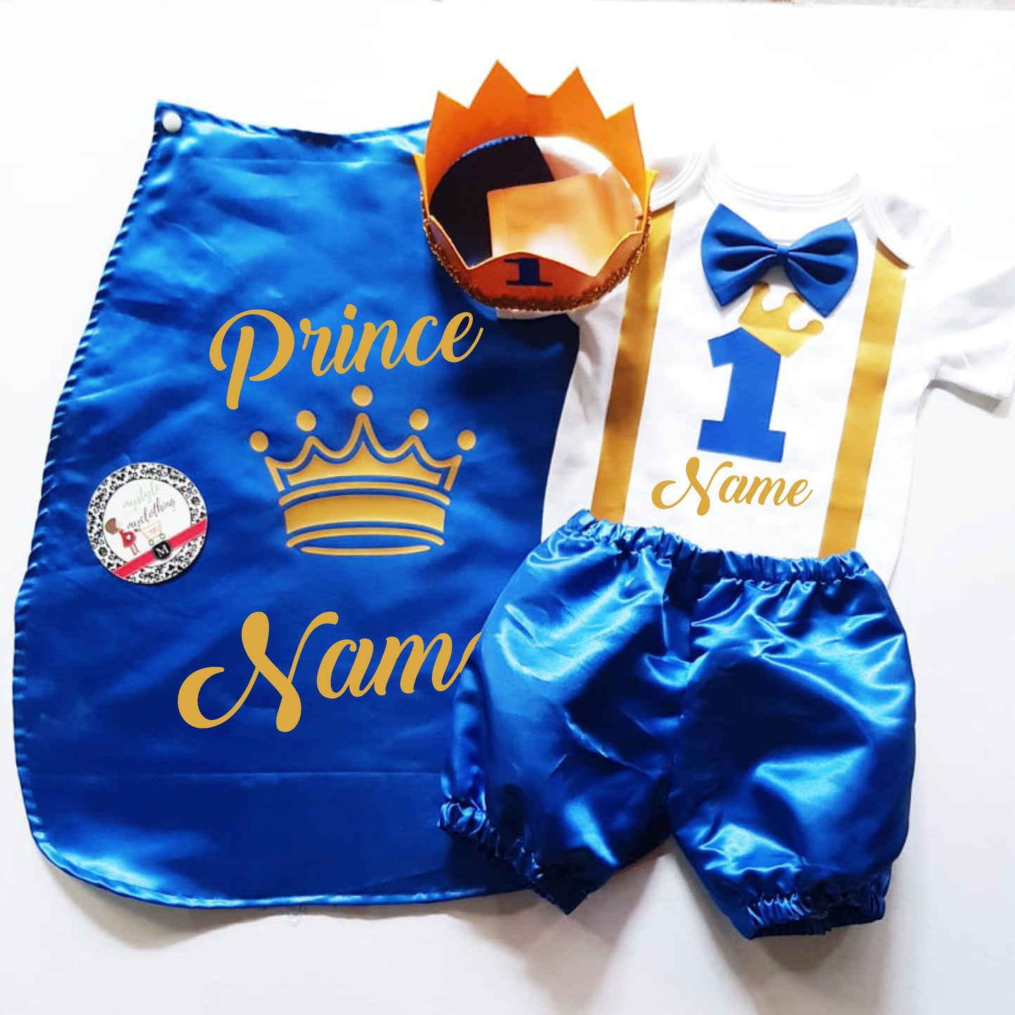 Baby Little Prince with Name Print Complete Set with Crown - Royal Blue - MYSTYLEMYCLOTHING