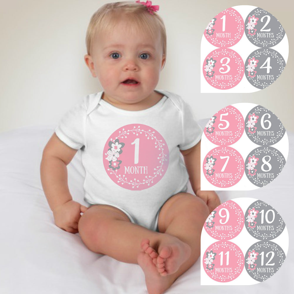 Baby Custom Monthly Onesies - Pink and Gray Floral - MYSTYLEMYCLOTHING