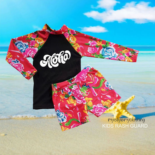 Kids Boys and Girls Rash Guard Rashie Swimwear -ALOHA RED - MYSTYLEMYCLOTHING