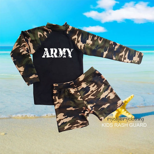 Kids Boys and Girls Rash Guard Rashie Swimwear - ARMY - MYSTYLEMYCLOTHING