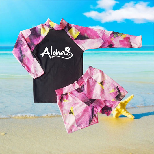 Kids Boys and Girls Rash Guard Rashie Swimwear - ALOHA PINK - MYSTYLEMYCLOTHING