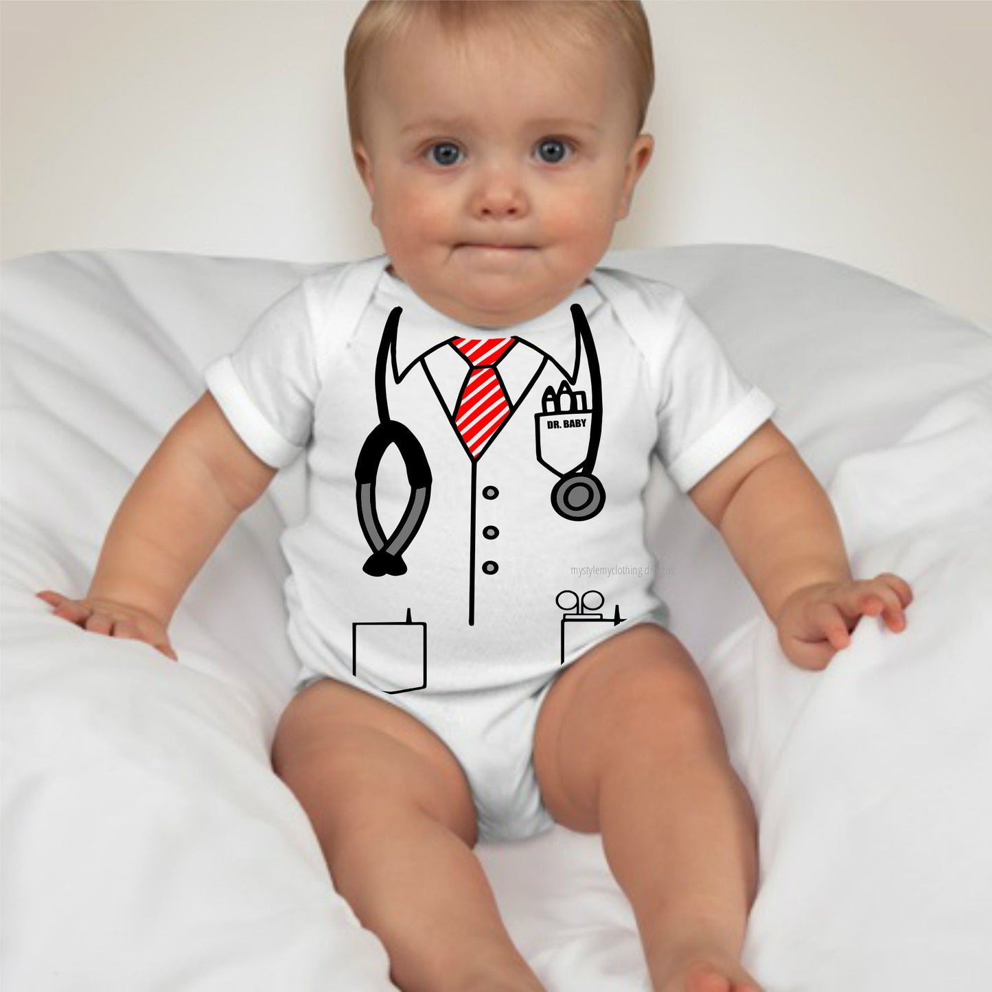 Baby Career Onesies - Doctor Scrub Suit Stripes Red Necktie with FREE Name Print - MYSTYLEMYCLOTHING