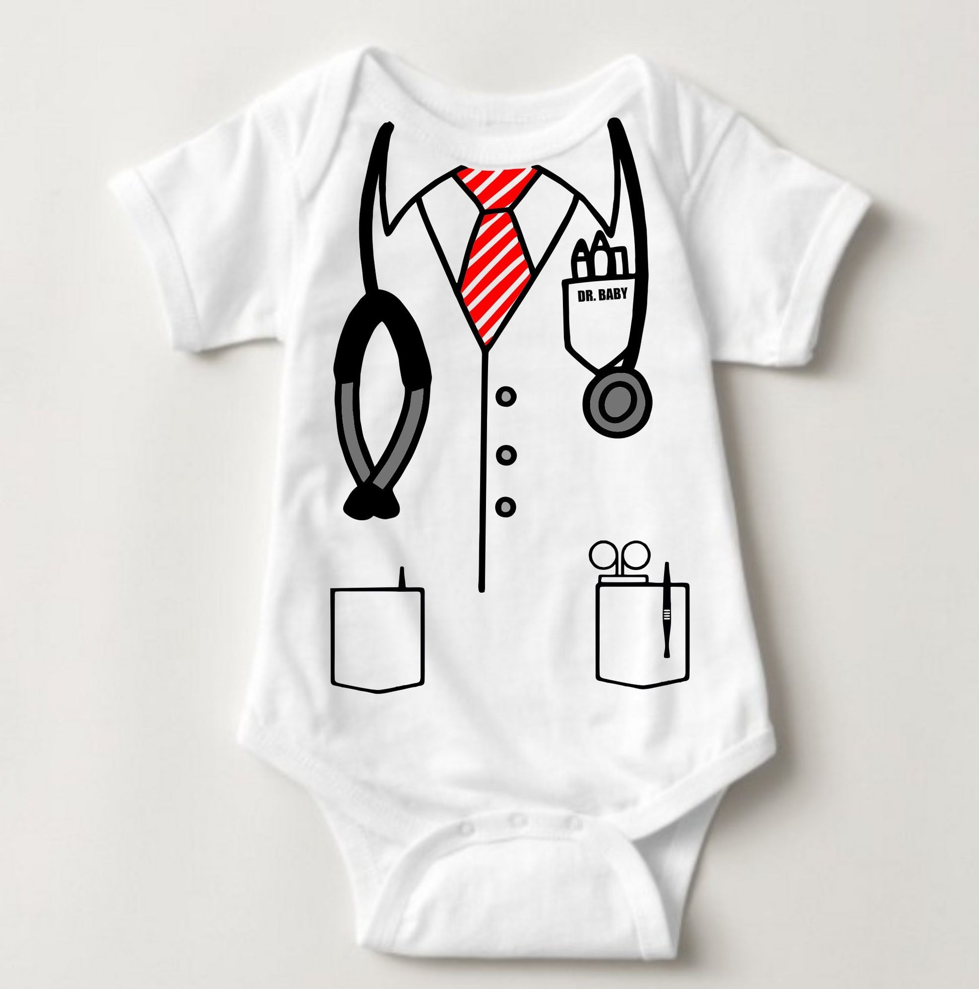 Baby Career Onesies - Doctor Scrub Suit Stripes Red Necktie with FREE Name Print - MYSTYLEMYCLOTHING