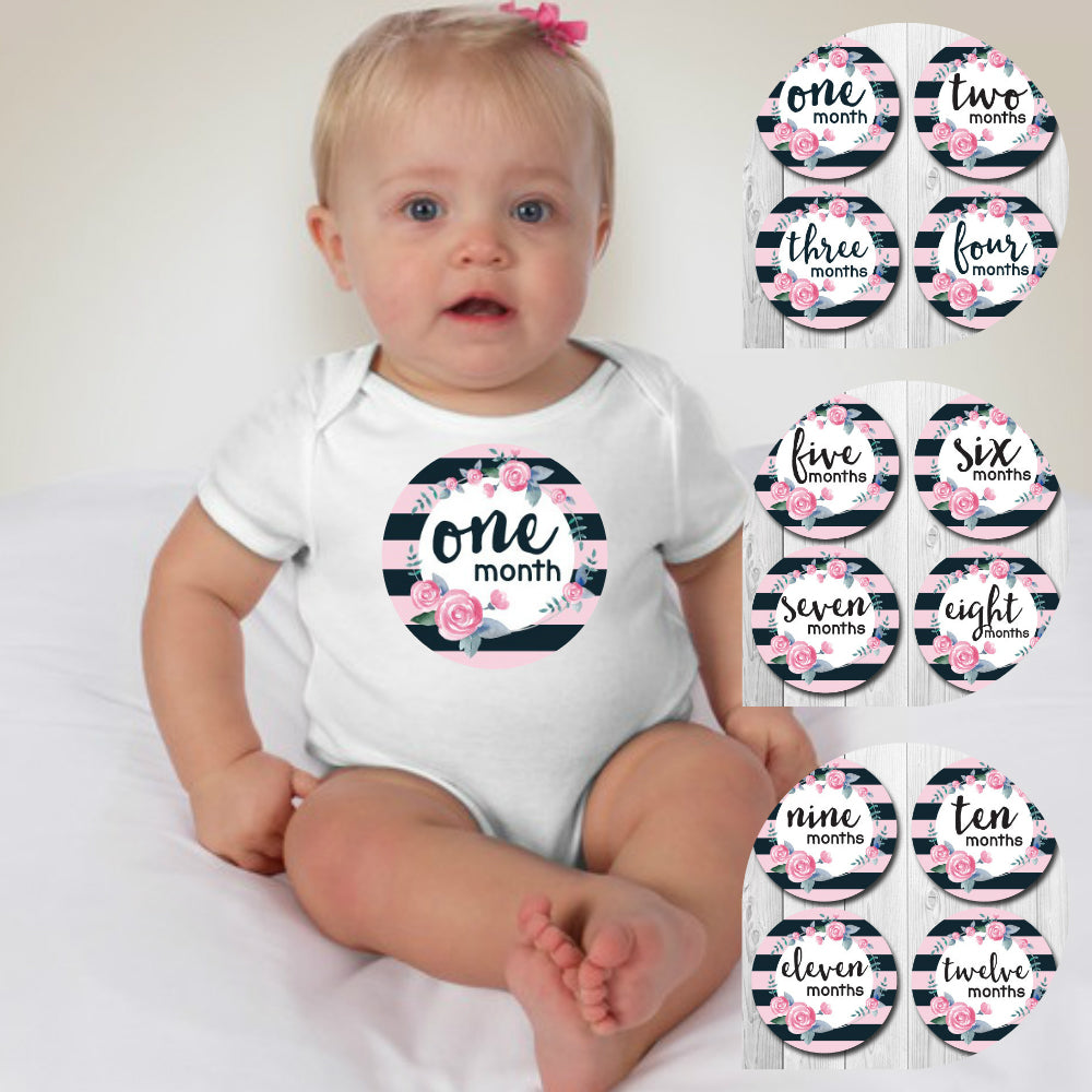 Baby Custom Monthly Onesies - Black Pink Floral Stripes - MYSTYLEMYCLOTHING