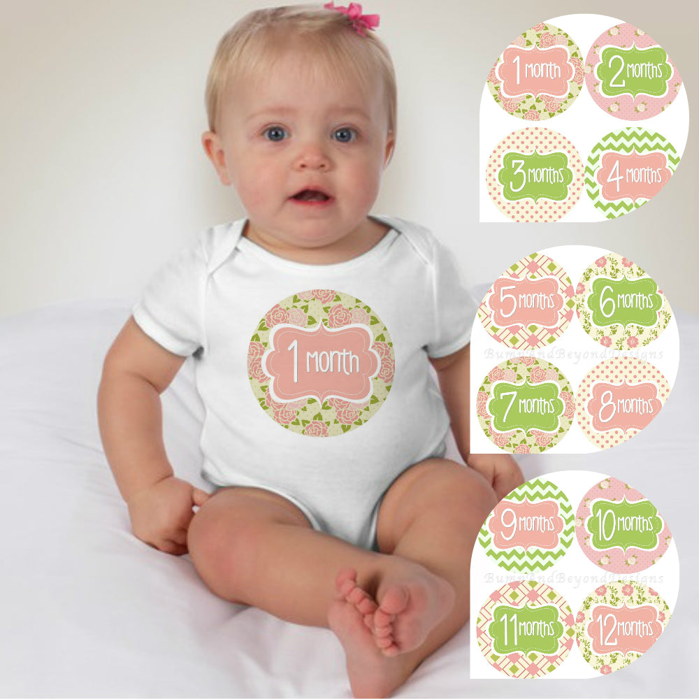 Baby Custom Monthly Onesies - Pink and Greens - MYSTYLEMYCLOTHING