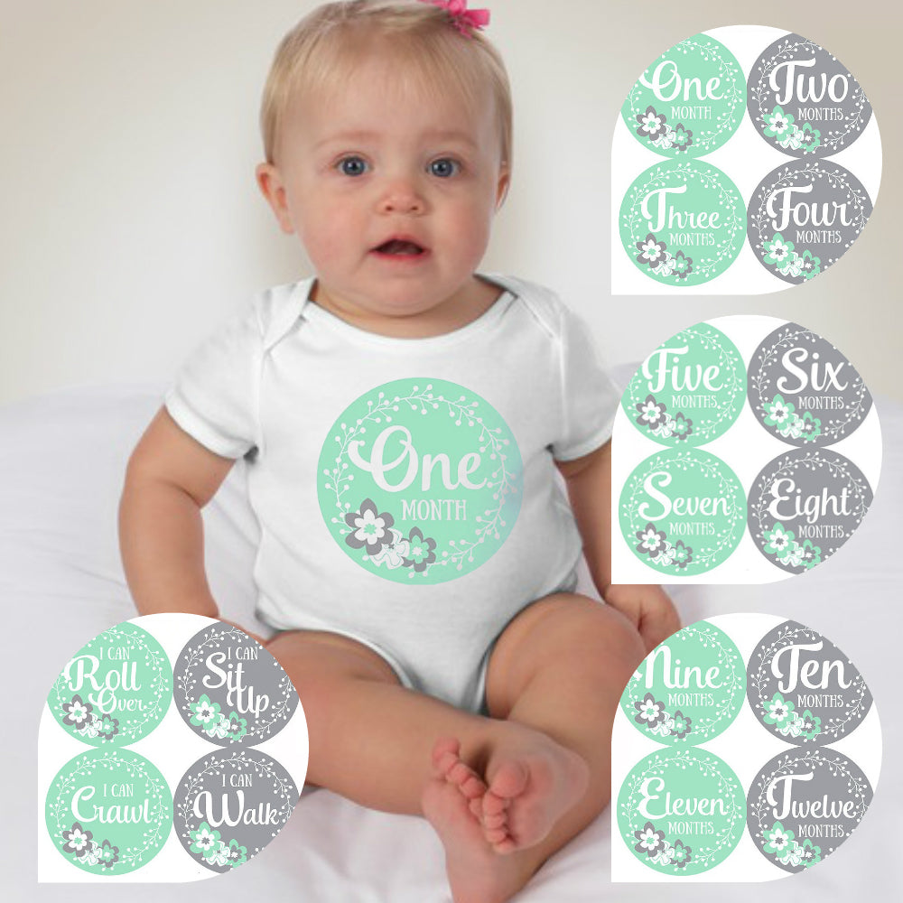 Baby Custom Monthly Onesies - Teals and Grays Floral - MYSTYLEMYCLOTHING
