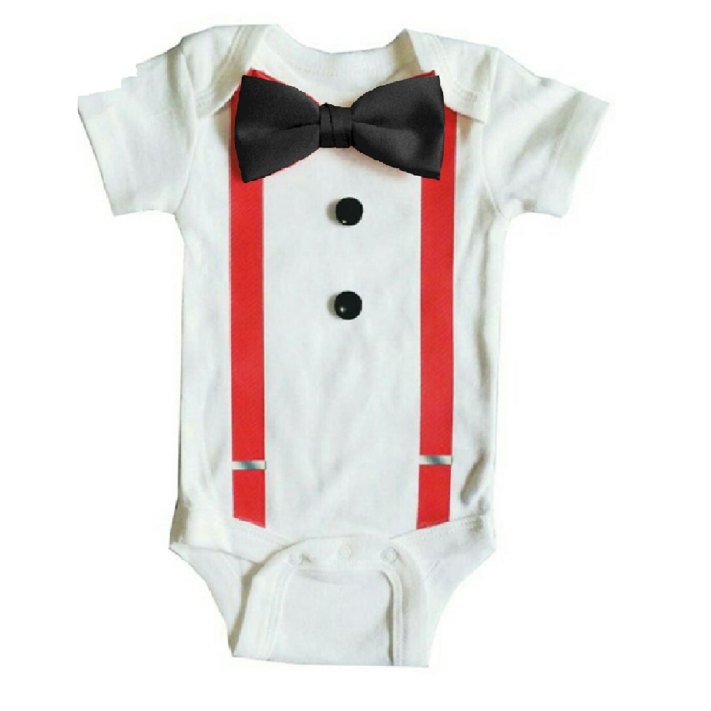 Baby Formal Tuxedo Suspender Onesies with Black or Red Bow Tie - MYSTYLEMYCLOTHING
